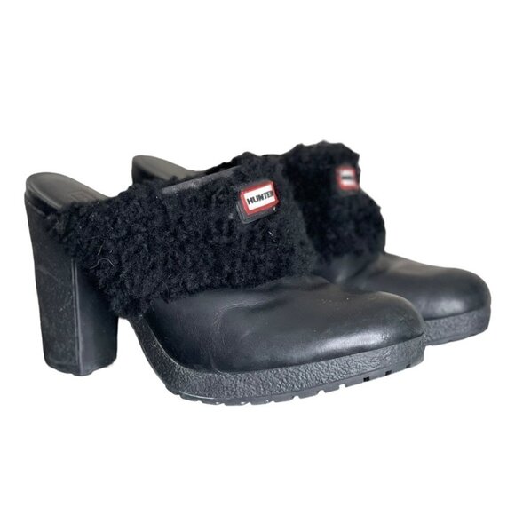 Hunter Bruson Shearling Lined Black Leather Clogs Heels Mules Size 8 - Picture 1 of 9